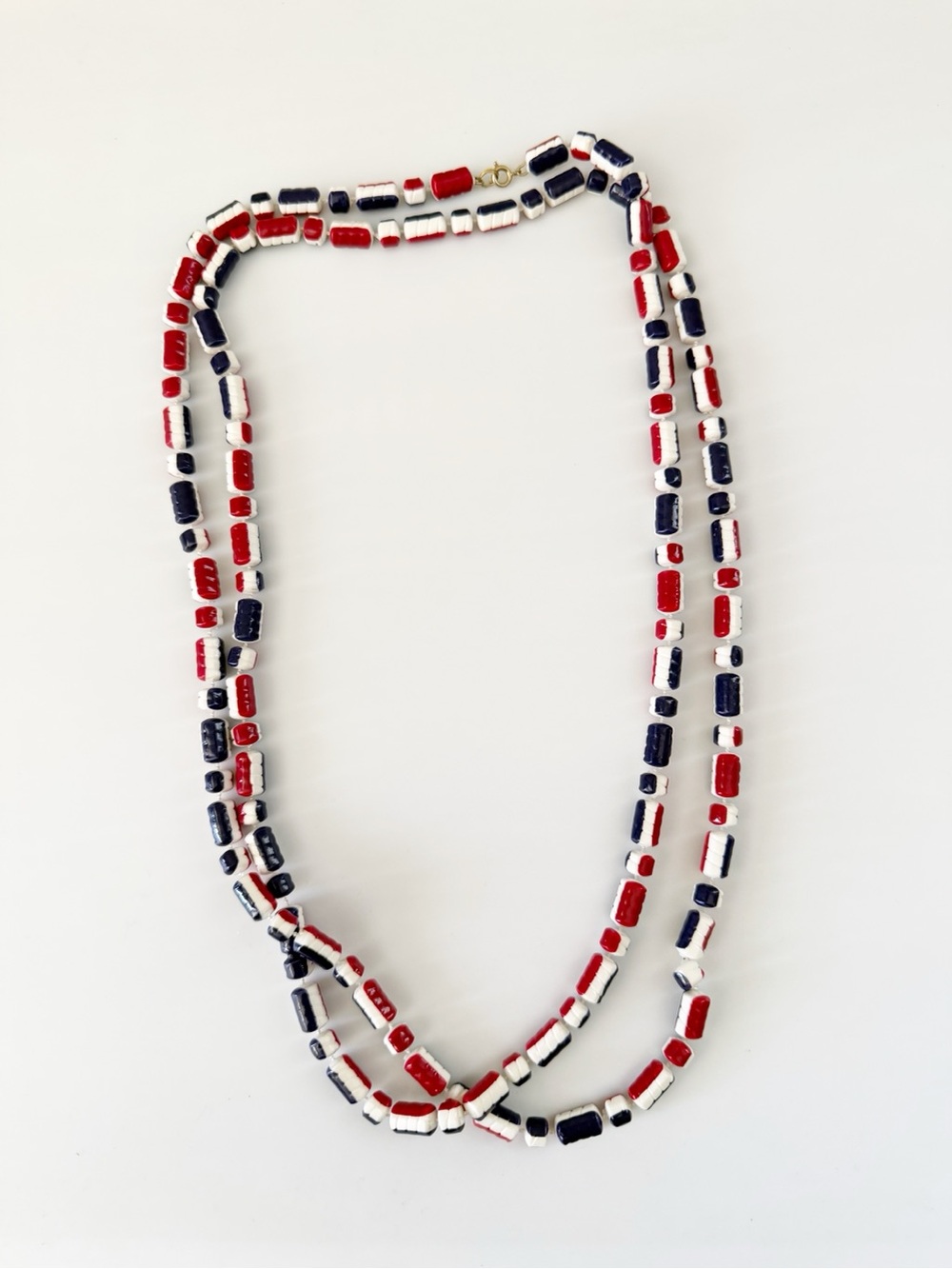 Vintage Beaded Red White & Blue Patriotic Festive Long Plastic Necklace